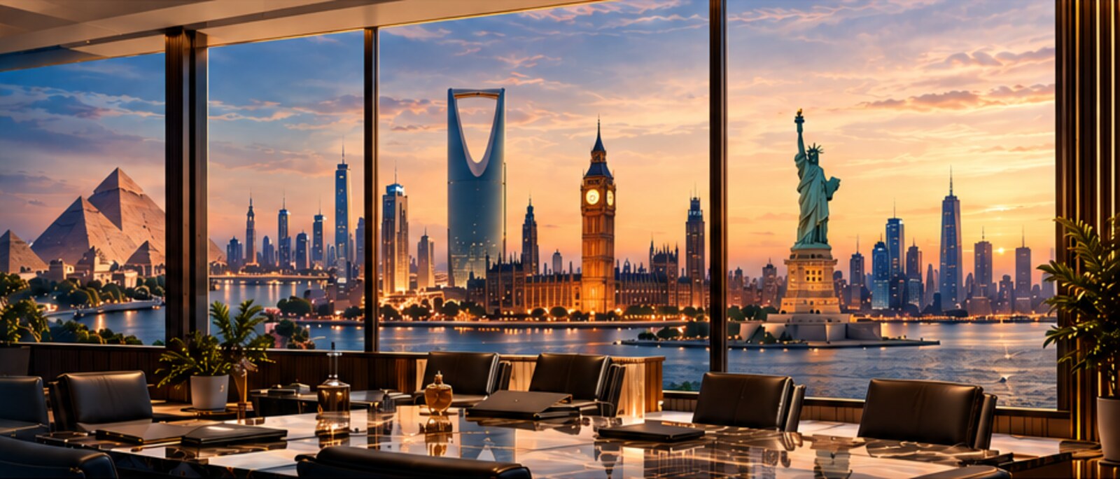 International boardroom overlooking world city skylines