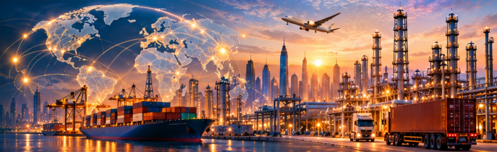 Global industry and trade connections at sunset