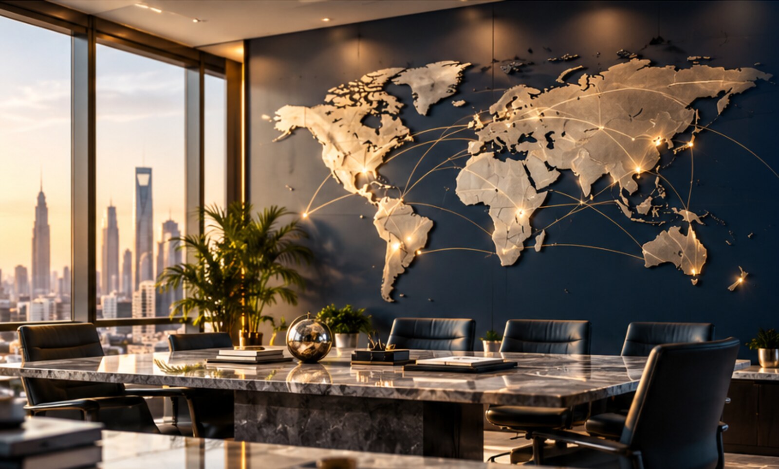 Boardroom with an illuminated world map wall